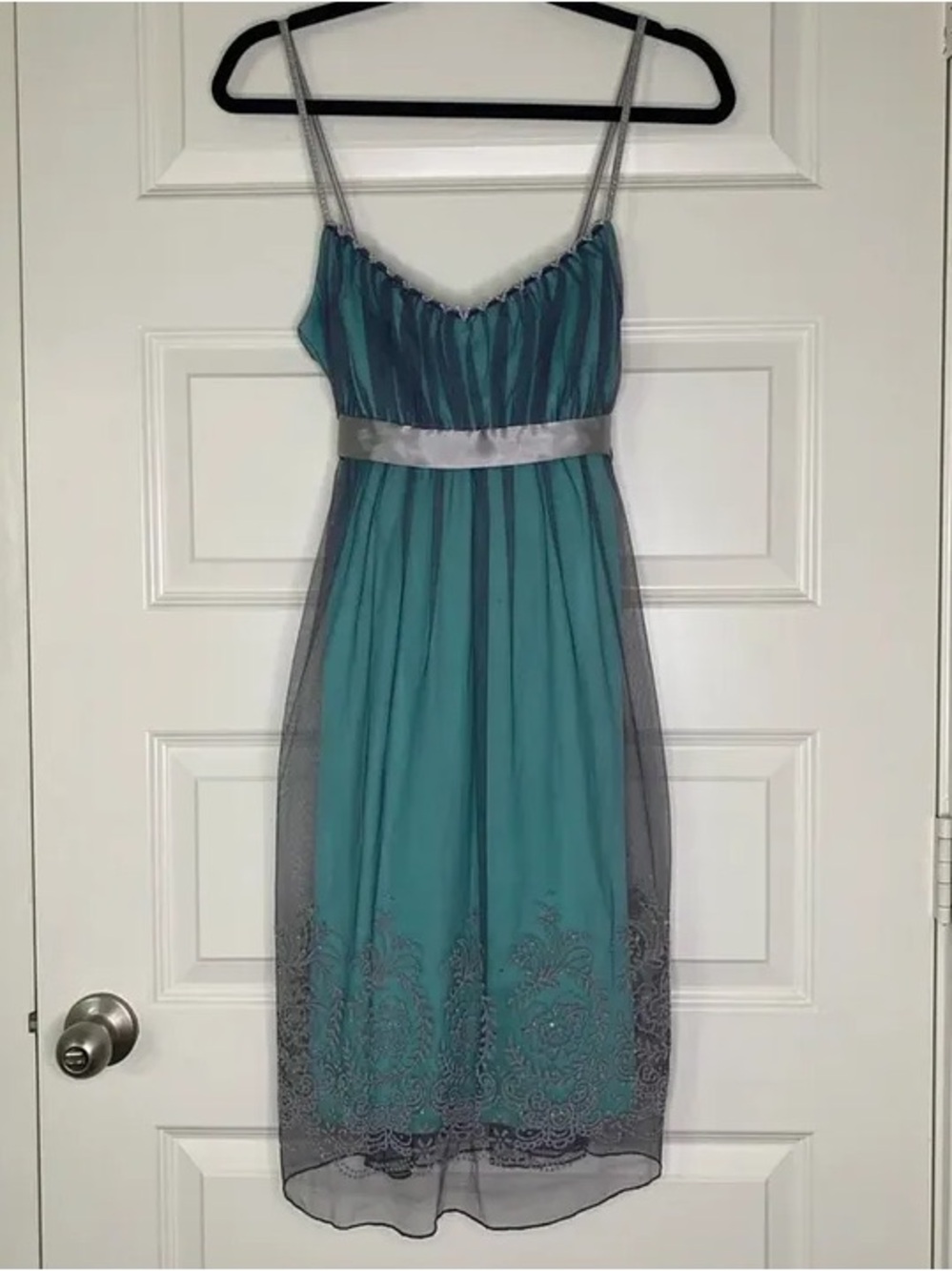 READ! Vintage Teal Pleated Tulle Glitter Flocked Damask Sequin Babydoll Dress